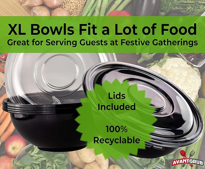 Recyclable Large 160 Oz Serving Bowls with Lids 4pk. Fit Any Party Sized Hot or Cold Food or Dessert With Our Catering-Grade Big Disposable Bowl With Cover Great for Picnic Buffet or Cookout Supplies