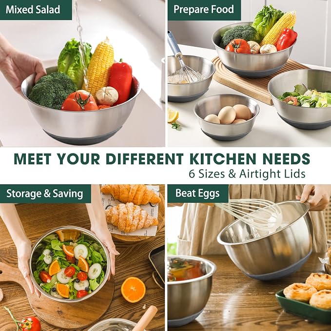 Umite Chef Mixing Bowls with Airtight Lids，6 piece Stainless Steel Metal Nesting Storage Bowls, Non-Slip Bottoms Size 7, 3.5, 2.5, 2.0,1.5, 1QT, Great for Mixing & Serving(Grey)