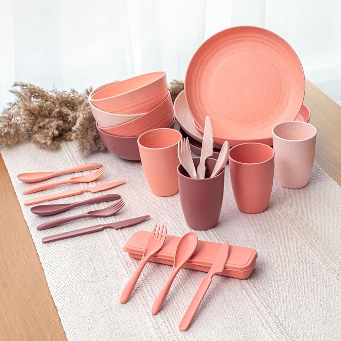 FOODLE Wheat Straw Dinnerware Set - Non-Toxic Kids Plates and Bowls Sets | BPA-Free & Safety Tested - Dishwasher, Microwave Safe Dishes - Easy to Clean - College Dorm Room Essentials for Girls - For 4