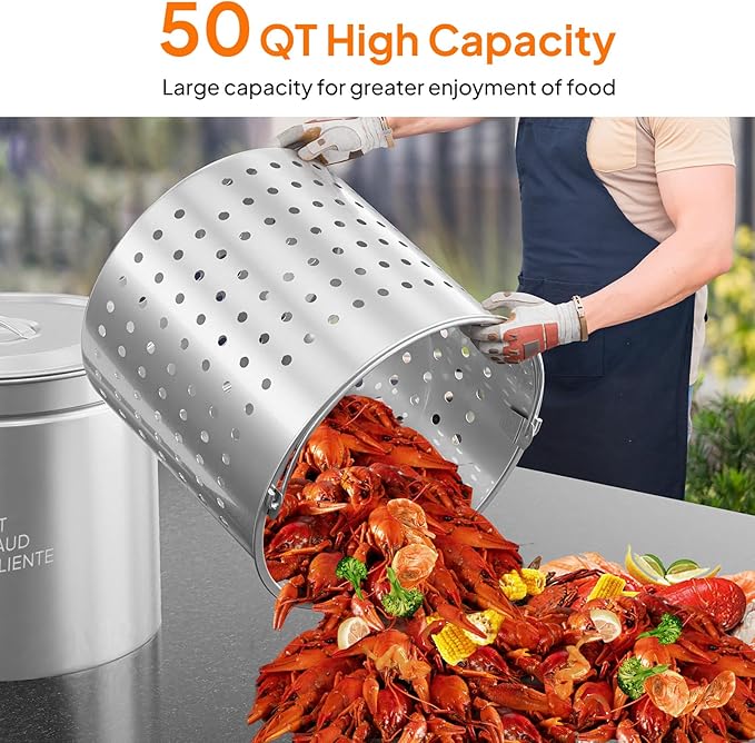 Bonnlo 50QT Turkey Fryer Pot with Steamer Basket, Lid & Lifting Hook, Stainless Steel Seafood Boil-Pot for Lobster, Crab & Shrimp, Heavy-Duty Deep Stockpot for Outdoor Boiling, Cooking & Frying