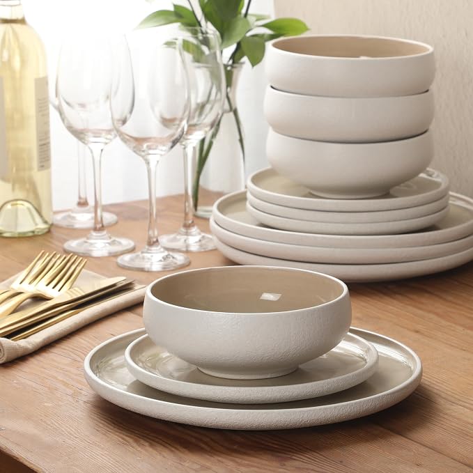 Gibson Elite Pacifco Beach Plates and Bowls Sets, 12-Piece Stoneware Dinnerware Sets, Reactive Glaze Dish Set - Taupe