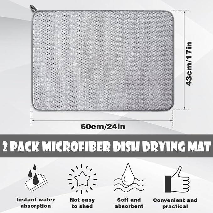 2 Pack Microfiber Dish Drying Mat,24 x 17 inch,Gray | Large Size,Super Absorbent,Drying Pad for Countertops,Sinks,Draining Racks