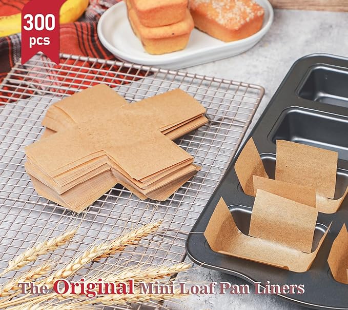 Webake 300pcs Unbleached Parchment Paper Mini Loaf Pan Liners Compatible with Wilton Mini Loaf Pan, Original Precut, Non Toxic Baking Paper for Banana Bread