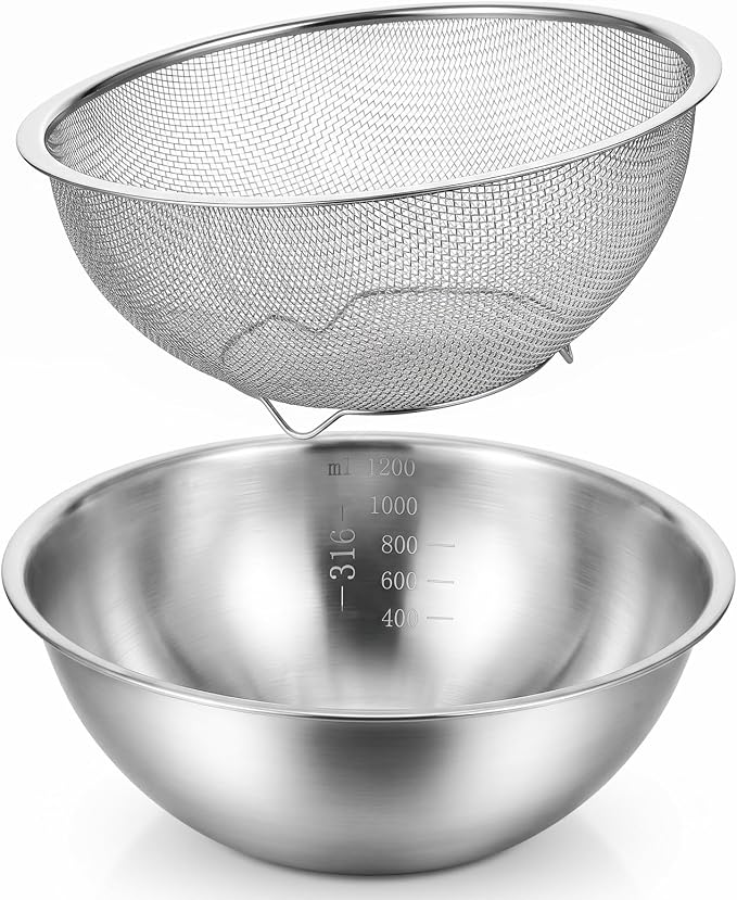 2 Pcs Stainless Steel Kitchen Colander Set Rice Washer Strainer Mixing Bowl | Colander Bowl Set with Microporous, Kitchen Mesh Net Strainer Basket, for Washing Vegetables Fruits Rice Pasta