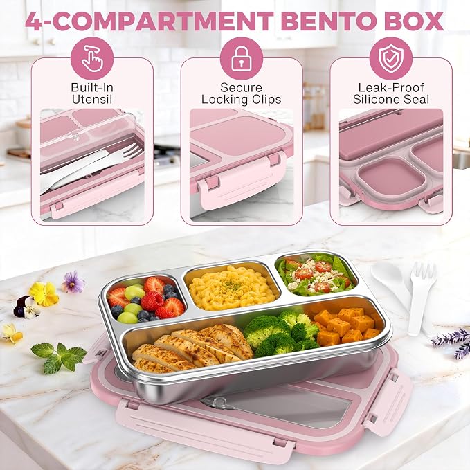 Stainless Steel Bento Box Adult Kids, Leakproof Metal Lunch Box Containers 4 Compartments, 32 Oz Reusable Food Storage Containers for Office and School, Pink