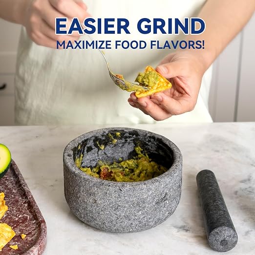 Granite Mortar and Pestle Set, 6.3"-2 Cups Unpolishesd Stone Grinder Bowl for Guacamole, Salsa, Pill Crusher, Spice, Herb, Garlic, Nut, Heavy Duty Grinder for Kitchen(Angola Silver Black)