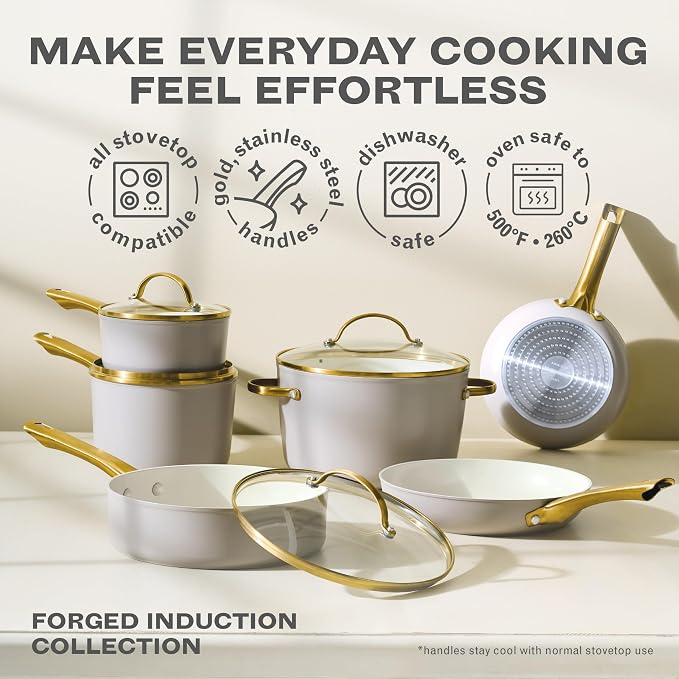 Farberware Forged Induction Ceramic Nonstick Fry Pan/Skillet, Dishwasher Safe, Gold Color Stainless Steel Handle, 12.25 Inch Frying Pan - Taupe