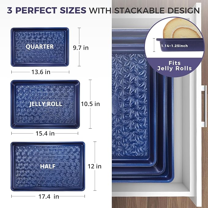 Nonstick Baking Sheet Pan Set of 3, Cookie Sheets for Oven, Non-Toxic, Blue | Half, Quarter & Jelly Roll Pans, Floral Swirl Texture, Heavy-Duty 0.8mm Carbon Steel, Even Heat Distribution