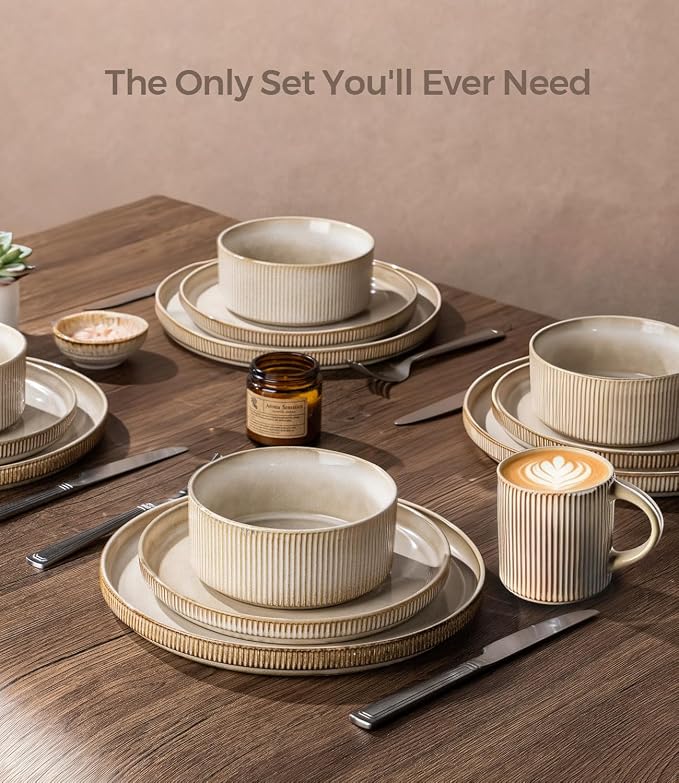 GBHOME Stoneware Dinnerware Sets for 4,16-Piece Plates and Bowls Set | Handmade Reactive Glaze Ceramic Dish Set, Scratch Resistant, Dishwasher&Microwave Safe,Cappuccino