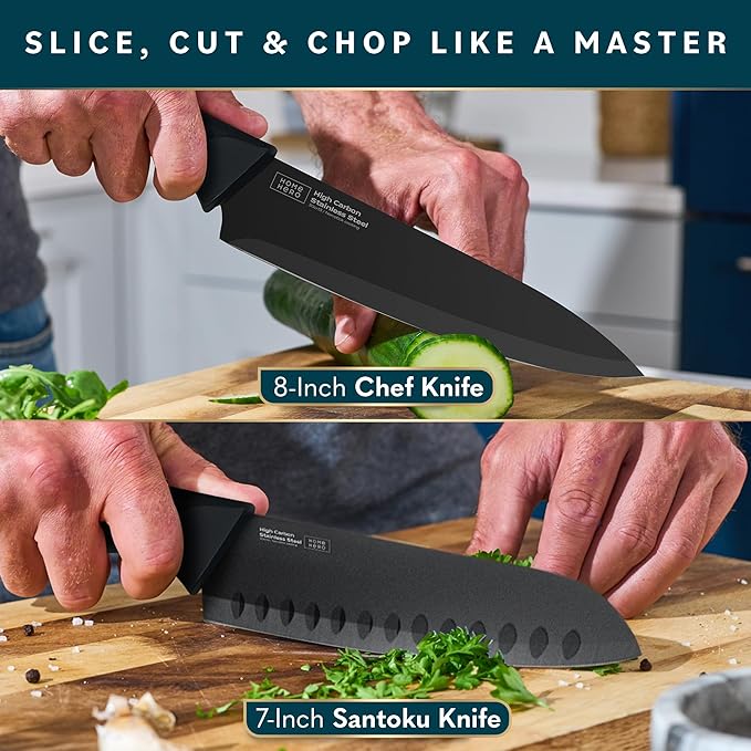 Home Hero 15-Piece Kitchen Knife Set - Knife Block Set | Black Stainless Steel Knife Set with Wooden Block - Built-In Sharpener, Ergonomic Handles & Nonstick Coating (15-Piece)