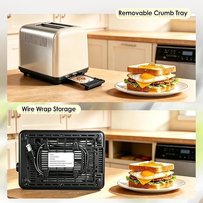 Toaster 2 Slice, Stainless Steel, 6 Shade Settings, 1.5" Extra Wide Slots | NEXFIT Retro Toaster with Bagel, Defrost, Reheat & Cancel Functions, 900W, Removable Crumb Tray, High Lift, Cord Wrap, Beige