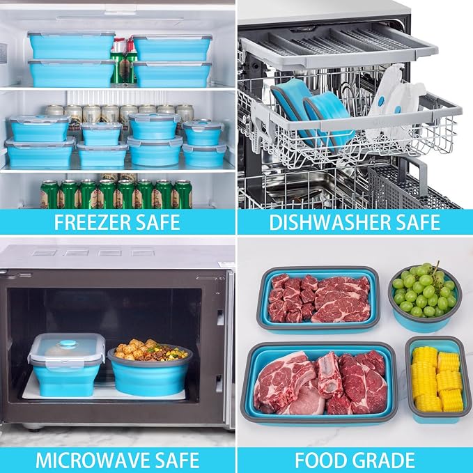 Collapsible Food Storage Containers with Lids 20 Pack(81oz/58oz Extra Large Included), 12 Rectangular+8 Round, Annaklin Silicone Collapsible Food Containers Sets Microwave Freezer Dishwasher Safe Blue