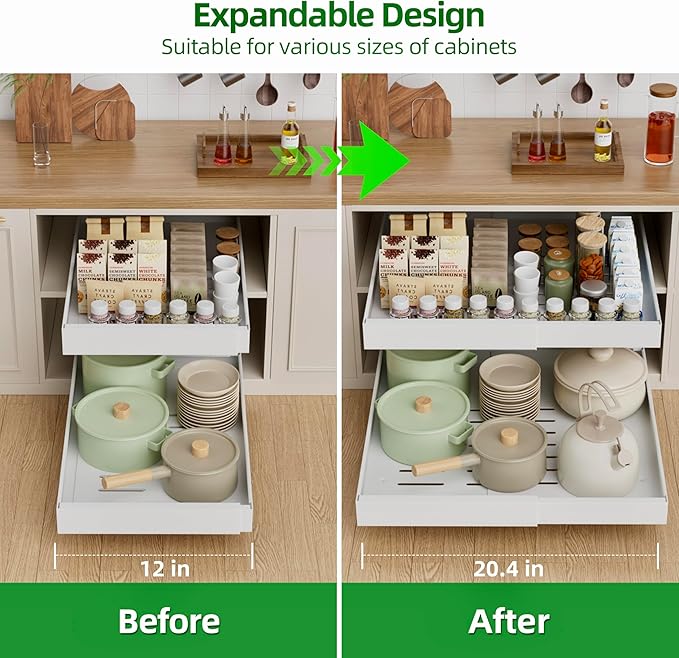 PAKETA 2 Pack Expandable Pull Out Cabinet Organizer,21" Deep | Pull Out Drawers for Cabinets with width from 12" to 20",Sliding Drawers for Cabinets with Upgrade 3 Slide Rails,hold 65 lbs