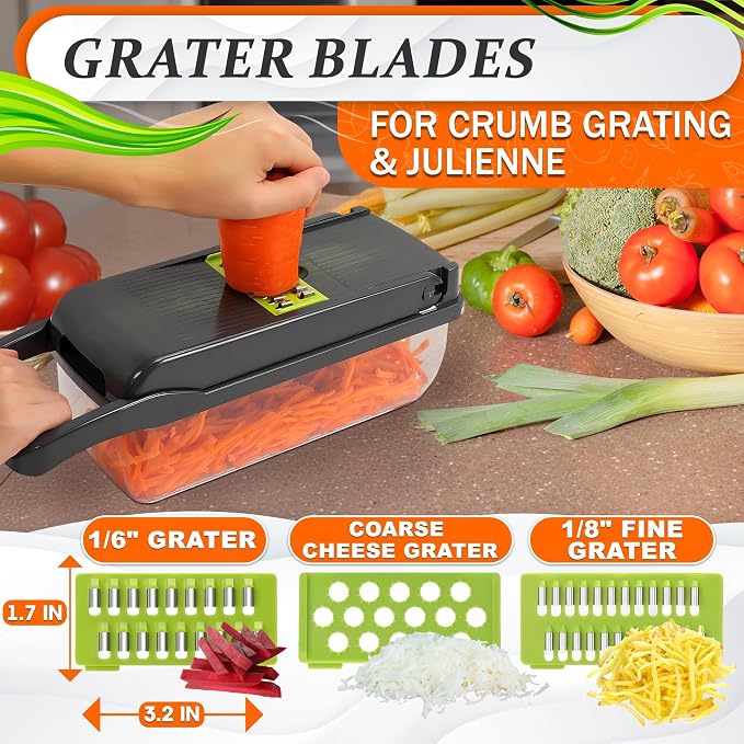 14-in-1 Vegetable Chopper with Container, 6 Blades & Finger Guard | Veggie Chopper with Container and Lid, Cheese Grater & Egg Separator, Dishwasher Safe, Dices Onion, Potato, Chips & Cubes