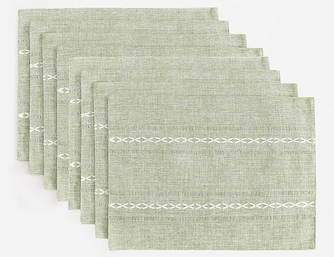 Wracra Cotton Linen Place Mats, Sage Green Embroidered Placemats Set of 8 | Placemats 12 x 18 Inch; Cotton Linen Woven Fabric; Heat Resistant Table Mats; Raised Embroidered Hollow Design