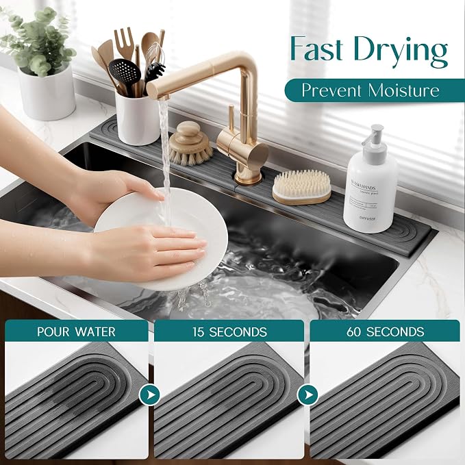 30 inch Kitchen Faucet Absorbent Mat - Diatomaceous Earth Splash Guard for Sink Faucet, Aesthetic Water Absorbing Stone Tray in The Modern Home (30" x 3.9", Dark grey)