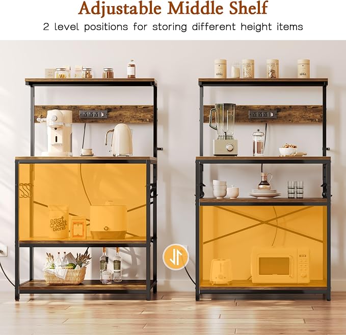 SUPERJARE Bakers Rack with Power Outlets, Microwave Stand, 31.5 X 16.5 Inch Larger Desktop, Kitchen Storage Rack with Adjustable Middle Shelf, 6 S-Shaped Hooks, Coffee Bar Stand, Rustic Brown