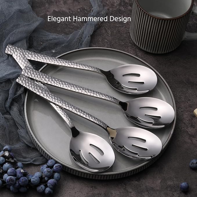 E-far Hammered Slotted Serving Spoons, 4-Piece Stainless Steel Tablespoons Hostess Serving Utensils Set for Catering Buffet Party Wedding Kitchen Restaurant, Dishwasher Safe