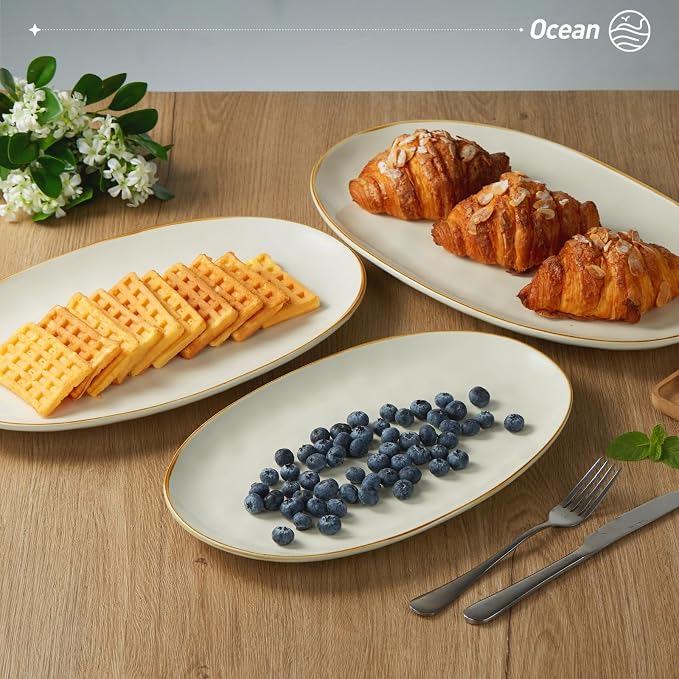 famiware Serving Platters Set of 3 Sizes - Oval, Vanilla White | 15.59"/14.3"/12.9" Fine Stoneware Serving Trays for Party, Entertaining for Food, Turkey, Cheese, Microwave Dishwasher Safe