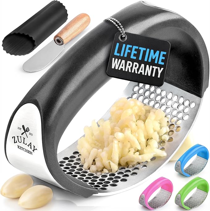 Zulay Kitchen Stainless Steel Garlic Press Rocker Set - Premium Garlic Mincer Garlic Crusher - New Innovative Garlic Crusher with Peeler and Scraper - Comfortable Grip (Black)