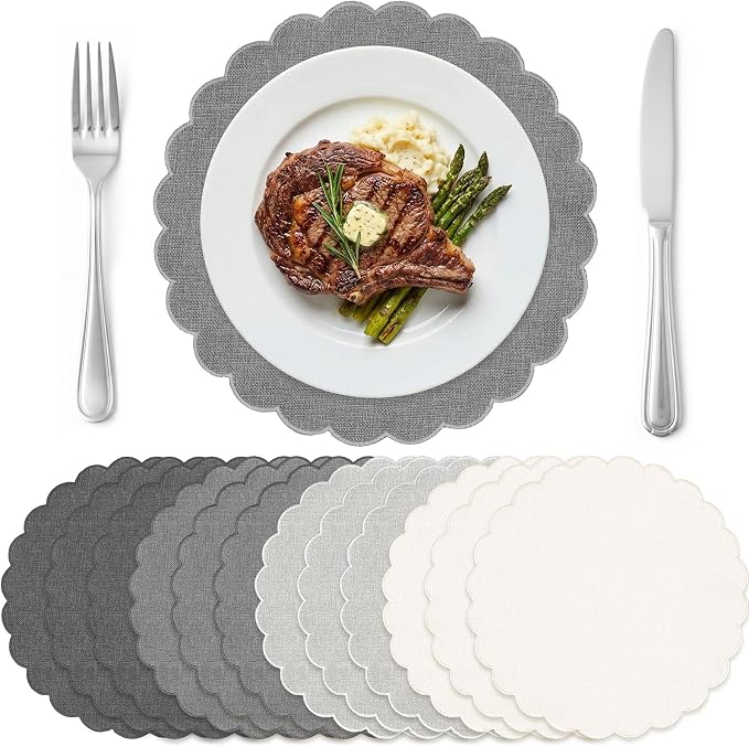 Set of 12 Gray Cotton Placemats 15" Round Scalloped | Double Layered Cotton Fabric, Washable Embroidery, Classic Edge, Rustic Table Mats for Wedding Dining Table Decor