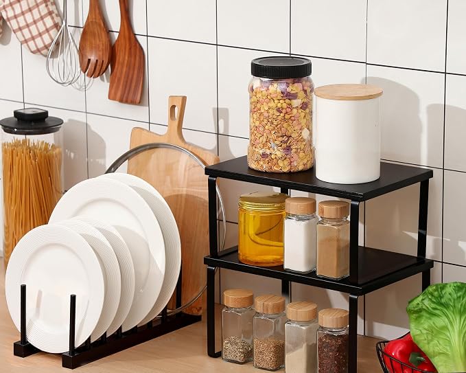 Marsui 4 Pcs Kitchen Organizer Accessories Set for Cabinet,Black | Cabinet Organizer Shelves, Bamboo Dish Drying Plate Rack, Wooden Counter Storage Holder, for Spice Dish Pot Lid Bowl Cup