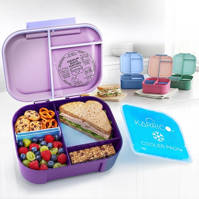 Leakproof Bento Lunch Box, 3-Compartment, Extra Large, Lilac & Blue | 3-Compartment Design, Leakproof, Extra Large Capacity, Adjustable Divider, Includes Cooler Pack, Dishwasher Safe, Reusable