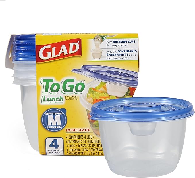 Glad GladWare To Go Lunch Containers with Dressing Cup, 32 Oz, 4 Count