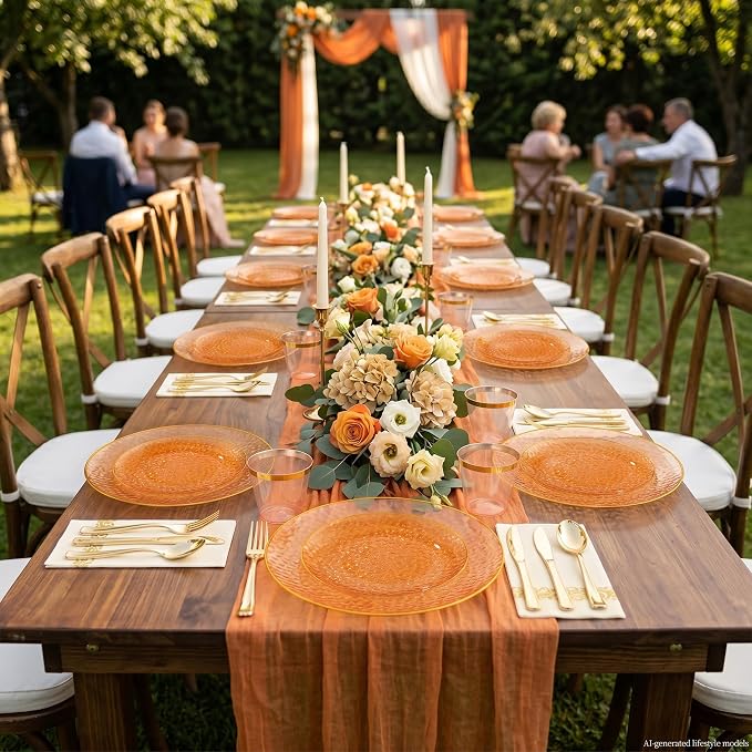 DaYammi 350PCS Clear Orange Plastic Dinnerware Set, Plastic Plates Disposable Hammered Disposable Plates for Party, Include: 50 Dinner Plates 50 Dessert Plates 150 Gold Silverware 50 Napkins 50 Cups