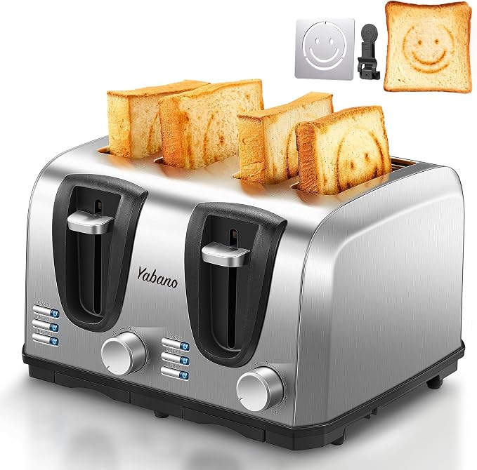 Yabano 4 Slice Toaster with Extra Wide Slots and 7 Shade Settings | Defrost And Reheat Functions, Smiley Face Toast Design, Stainless Steel, Countertop Toaster For Everyday Breakfast