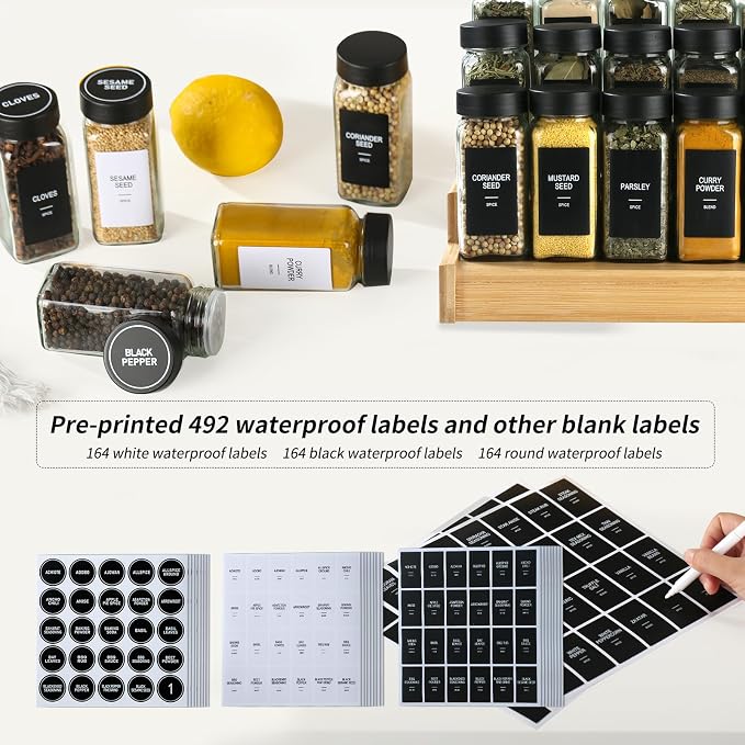 48 Glass Spice Jars with Labels, 4oz Spice Containers with Airtight Lids | Black Square Seasoning Containers with Shaker Lids, Empty Spice Bottles for Rack, Kitchen Drawer, 492 Labels, 1 Funnel