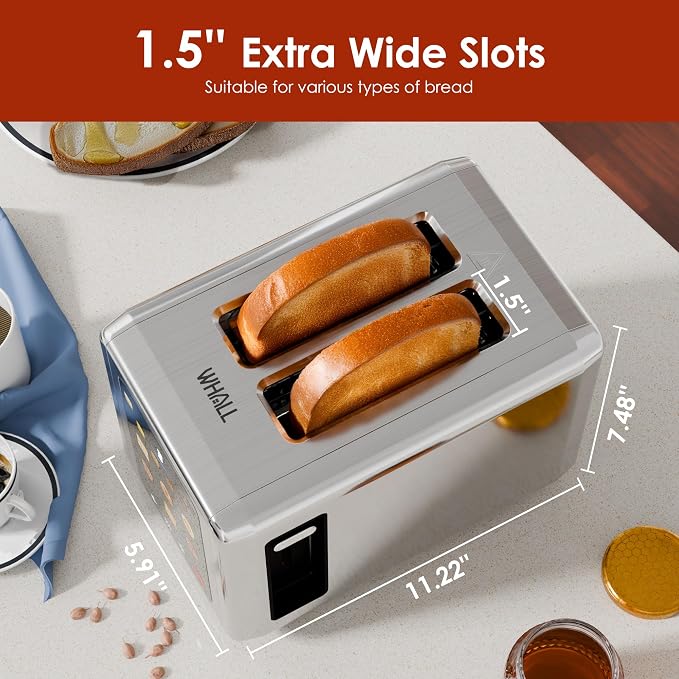 WHALL Full Touch Screen Toaster 2 Slice, Smart Toaster for Bread, Silver | 1.5'' Extra Wide Slot, 6 Shade Settings, Reheat/Defrost/Mute/Standby, Gluten-Free Waffle Pastry Mode, Stainless Steel, Silver