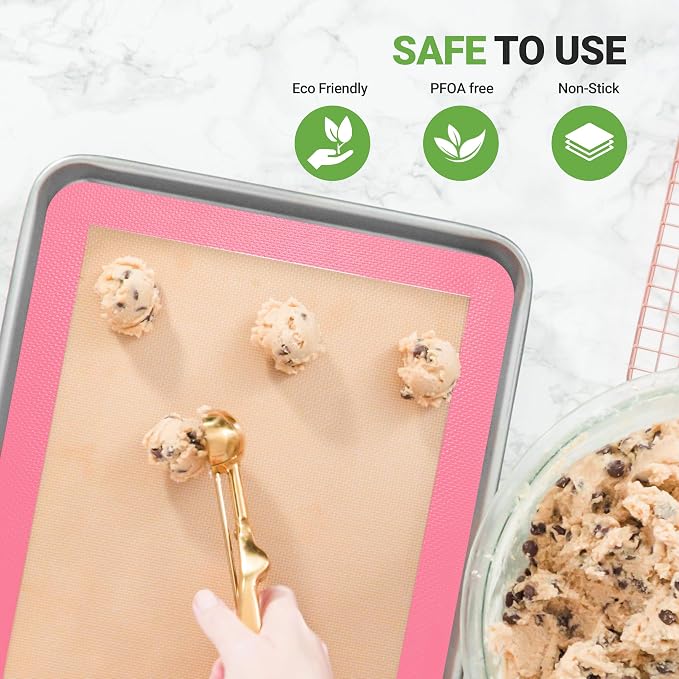 Nutrichef Silicone Baking Mats - 2 Non-stick Food-Grade Silicone Mats - Perfect for Full Baking Pans 24.4 x 16.5 IN - Oven-safe Up to 480 Degrees F - Suitable for Ovens, Freezers, & Dishwashers - Pink