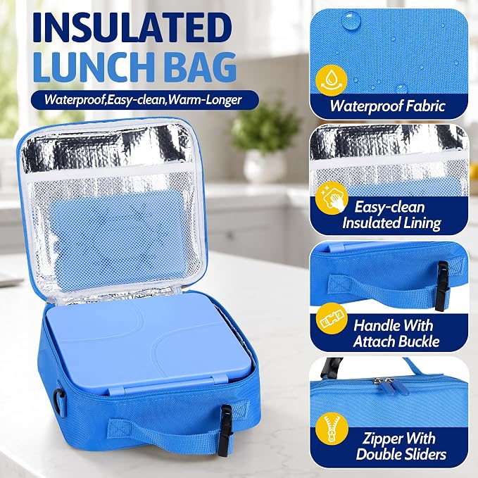 Bento Lunch Box Set with 8 oz Soup Thermo, Kids Leakproof 4 Compartments Hot Food Container with Sauce Cup, Ice Pack and Lunch Bag, Child Insulated Food Jar for School - Blue
