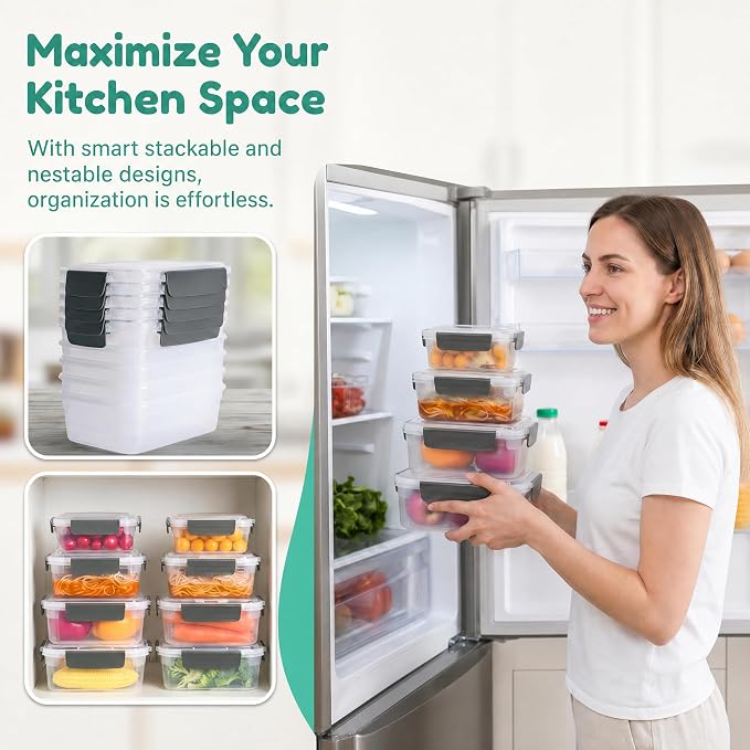 YORY 5cup Plastic Food Storage Containers With Lids For Lunch Meal Prep,5pk | BPA free,Stackable and Nestable,Snaplock Lid ,Freezer Dishwasher Microwave Safe