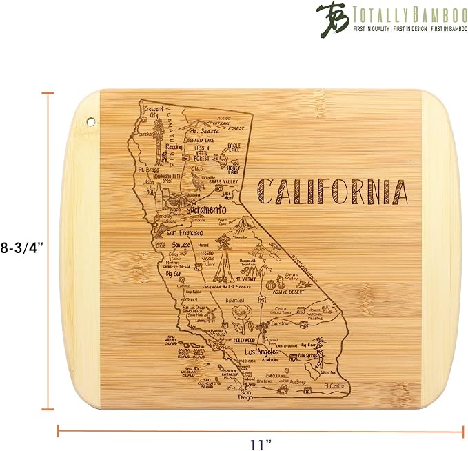 Totally Bamboo A Slice of Life California Engraved Map Cutting Board | 11” x 8.75” charcuterie board with engraved state map artwork. Smooth reverse side for food prep. Hang tie for wall display.