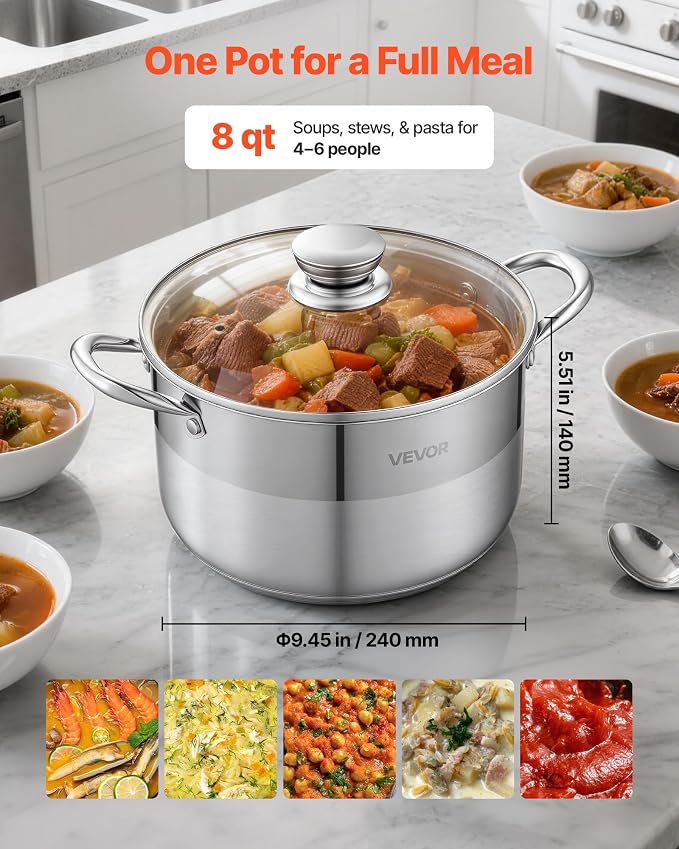 VEVOR Stainless Steel Stock Pot, 8QT Stainless Steel Stockpot with Glass Lid, PFOA-Free, PFAS-Free, Compatible with Gas Stoves, Induction Cooktops, Electric Stoves, for Soups, Stews, and Pasta