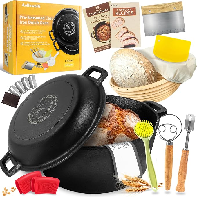Pre-Seasoned Cast Iron Dutch Oven Pot with Skillet Lid, 5 Qt | 2-in-1, Evenly heated, Includes Proofing Basket Sourdough Starter Kit, For Bread Baking, Camping, Frying and Braising