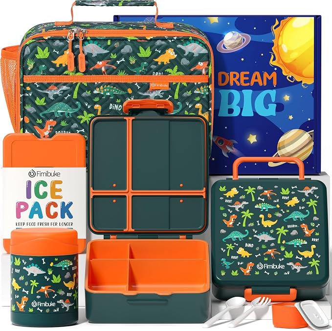 Fimibuke Kids Bento Snack Lunch Box with Thermo Insulated Toddler Lunch Bag | Lunch Box Kids with 4 Compartment, Food Jar, Ice Pack, Utensils, Birthday Gifts for Ages 3-12 Back to School Toddler Girl Boy