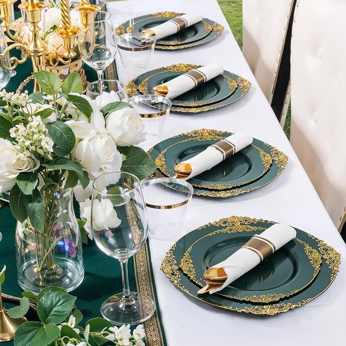 Nervure 175Pcs Green Plastic Plates, Disposable Party Plates for 25 Guests | 25 7.5" Dessert & 25 10.25" Dinner Disposable Plates, 75 Gold Cutlery, 25 9oz Cups, 25 Napkin for Wedding & Party, BPA-free