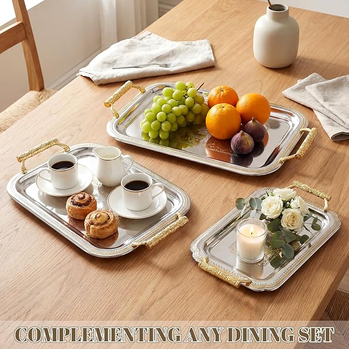 3 Pack Metal Serving Trays with Handles, Decorative Floral Platter Trays for Coffee Tea, Food, Dessert, Jewelry, for Buffet Wedding Party Kitchen Home Decor (Rectangle,Silver, Gold)