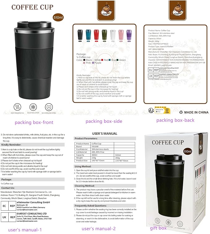 YINJAM 17oz Travel Coffee Mug Insulated Coffee Cups to Go with Leakproof Lid Vacuum Stainless Steel Double Walled Thermal Car Coffee Tumbler for Hot Cold Ice Tea Drinks Reusable (Red, 17oz) | 510ml Reusable Leakproof Camping Tumbler with Lid for Hot Co...