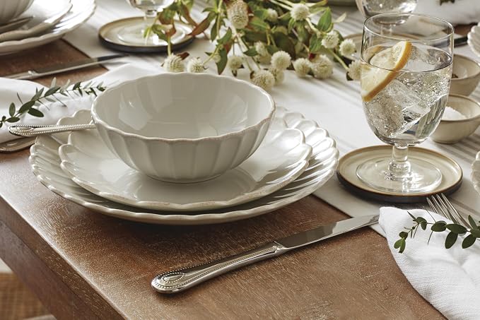 Lenox French Perle Scallop White Stoneware 24-Piece Dinnerware Set for 8 | dishwasher safe | plates and bowls sets for kitchen and dining | 11 inch plate, dish set, dishes | 2.25 inch, 16oz