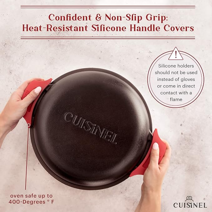 Cuisinel Cast Iron Dutch Oven 7-Qt Pre-Seasoned 2-in-1 Multi-Cooker with Lid that Doubles as a 12" Skillet, Silicone Handle Covers & Pan Scraper for Baking, Frying, Camping & Everyday Cooking