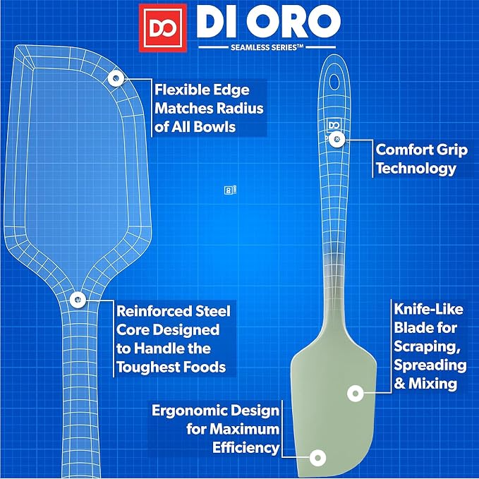 DI ORO Large Silicone Spatula - 600F Heat Resistant, Sage | Rubber scraper for baking, mixing, and frosting; Won't scratch nonstick pots and pans; BPA-free and dishwasher safe