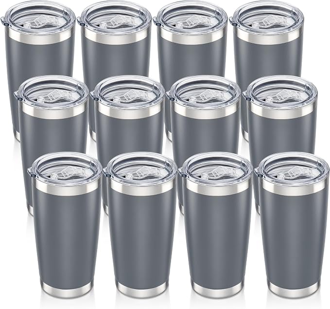 20 oz Tumbler with Lid Stainless Steel Insulated Tumblers Bulk Cups Mug | Double Wall Vacuum, Powder Coated, Keep Drinks Cold and Hot, Waterproof Lid, Fit of Car Cup Holders, Grey, 12 Pack