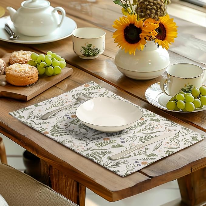 Sage Green Wild Flower Spring Summer Placemats Set of 4 Seasonal Wildflower Plants Herbs Linen Table Mats 12x18 Inch Vintage Floral Place Mats for Farmhouse Kitchen Dining Decoration