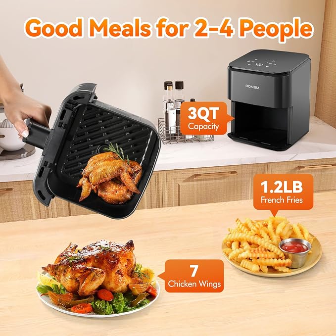 3 Qt Compact Air Fryer with Non-Stick Basket and Rack, User Friendly Simple Touchscreen, Cook in Simple Steps, Low-Oil Cooking Small Air Fryer, Space Saving Cooker