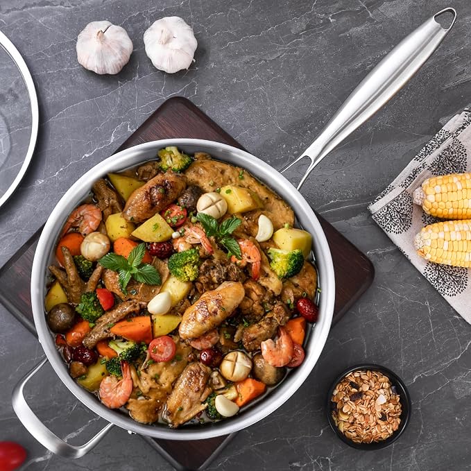 LOLYKITCH 7-Quart Saute Pan with Lid | 12-Inch Deep Frying Pan | Tri-Ply Stainless Steel Clad | Large Skillet | Jumbo Cooker | Dishwasher & Oven Safe | Detachable Handle | 6-8 Servings