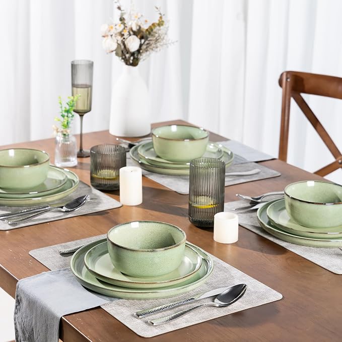 GBHOME Dinnerware Sets for 6, 18 Pieces Ceramic Plates and Bowls Set | Scratch Resistant Stoneware Dishes Set, Dishwasher & Microwave Safe, Reactive Glaze-Pastel Green